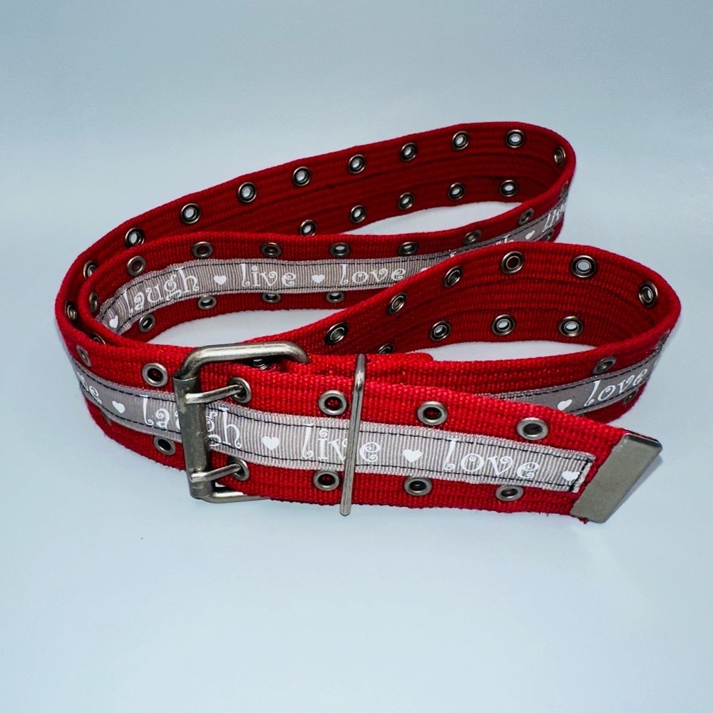 Red belt with ❤️live💜love♥️laugh ribbon. 1.5” wide x 39.5” and super adjustable - Picture 5 of 10